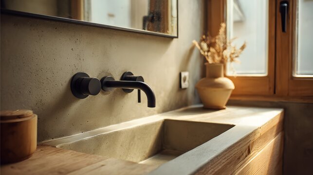 Minimalist bathroom, microcement finish, matte black faucets, wooden accents, soft daylight