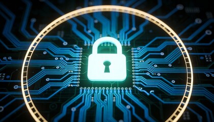 Secure digital padlock on futuristic circuit network background, representing cybersecurity protection, encrypted data systems, online privacy and advanced information security technology