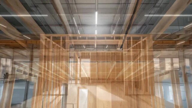 Wooden frame construction of a modular house, showcasing sustainable building practices and modern design.