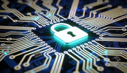 Secure digital padlock on futuristic circuit network background, representing cybersecurity protection, encrypted data systems, online privacy and advanced information security technology