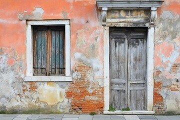 Weathered wooden door on rustic wall with exposed bricks. AI image