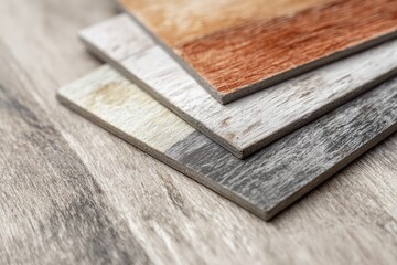 Fototapeta premium Close-up of four layered wooden-style tiles with varying colors and textures on a similar surface