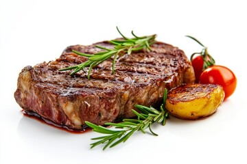 Juicy grilled steak with rosemary and peppercorns on white background. AI image