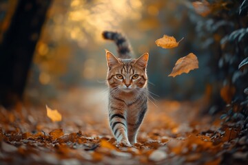 Street cat walking on leaf-covered pathway in autumn. AI image