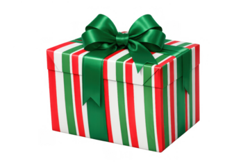 Christmas gift box displaying red, green, and white stripes with a festive green bow, celebrating holiday seasons and presents