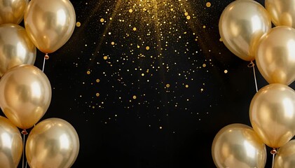 Golden balloons and falling confetti celebrate joyous occasions and special events festive mood, gold.