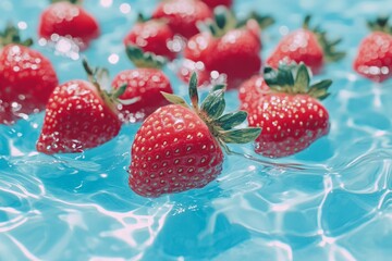 Fresh strawberries in sunlit rippling water. AI image