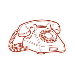 Red outline of a vintage rotary telephone with coiled cord and dial
