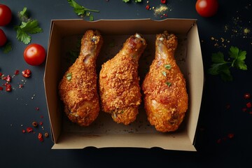 Crispy drumsticks in cardboard box on leafy bed. AI image
