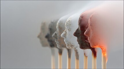 Conceptual burnout illustration with matchsticks shaped as human heads burning out in sequence