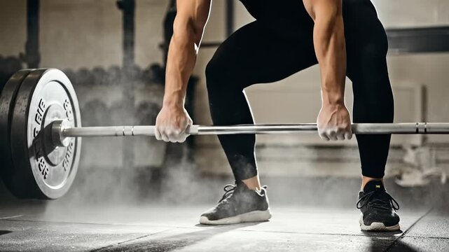 Gym lifter chalk dust with intense weightlifting prep, and focus  strength.