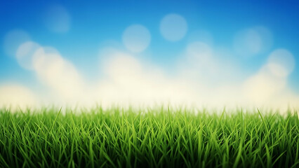 A serene landscape of green grass under a bright blue sky with fluffy white clouds