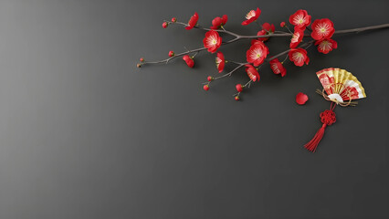 紅梅と金箔のシックな和風背景。消炭色の背景に右上の季節アイテム。高級感のある広告やWebデザインに最適な余白素材。