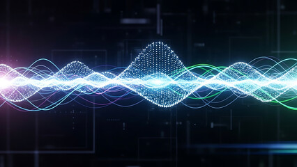 A vibrant digital waveform illustration with glowing blue and green lines on a dark background
