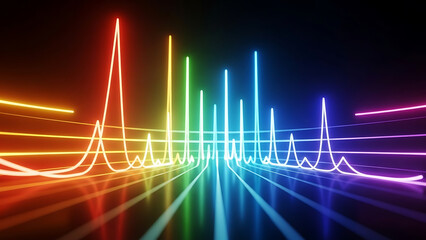 A vibrant digital illustration of colorful neon lights and sound waves in a dark background