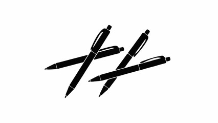 Pen Icon &ndash; Two Crossed Writing Pens in Black Silhouette. Minimalist Vector Line Art, Editable Stroke, Isolated on White Background.