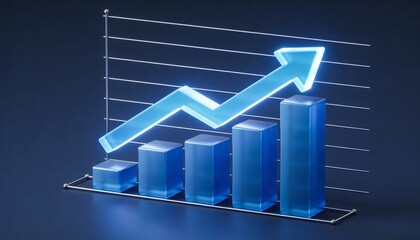 Upward glowing arrow chart on blue background representing financial growth, business success, market performance, investment strategy and positive economic trend visualization