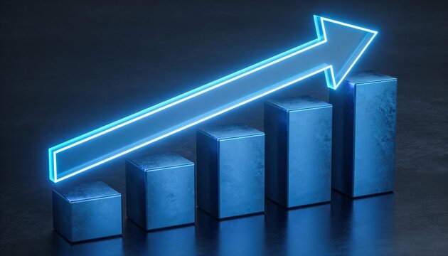 Upward glowing arrow chart on blue background representing financial growth, business success, market performance, investment strategy and positive economic trend visualization - Powered by Adobe