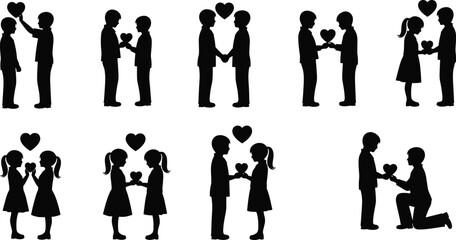 Silhouette Figures Exchanging Hearts and Holding Hands in Various Romantic Gestures exchange