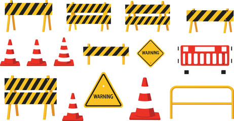 Construction barrier and traffic cone illustration set featuring warning signs, safety barricades, and caution elements for roadwork designs