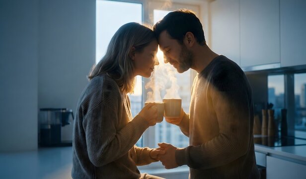 A loving couple shares a tender intimate moment with steaming hot drinks in their modern kitchen bathed in warm morning light.