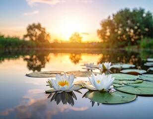 White water lilies bloom on a calm lake at sunset with reflections.