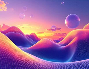 Surreal Bubbles Floating Above Wavy Landscape at Sunset
