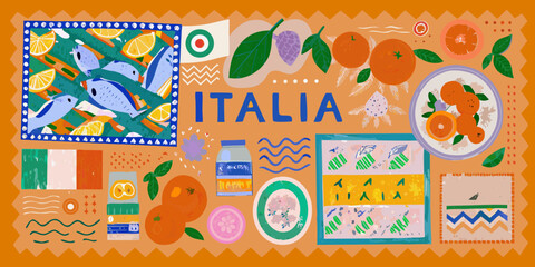A colorful illustration showcasing italian themes with fruit birds and national elements © Ranajit