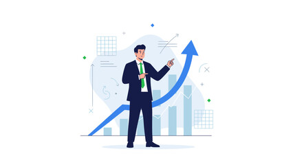 Fototapeta premium Businessman pointing at upward trending graph, financial growth, business success concept