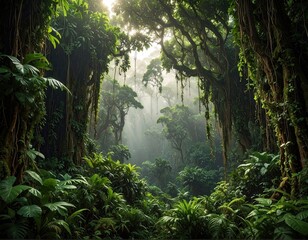 Lush green tropical rainforest with sunlight streaming through dense foliage.
