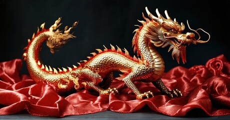 Fototapeta premium Golden dragon sculpture rests upon red silk fabric. Detailed design, impressive form, dramatic lighting creates striking visual.