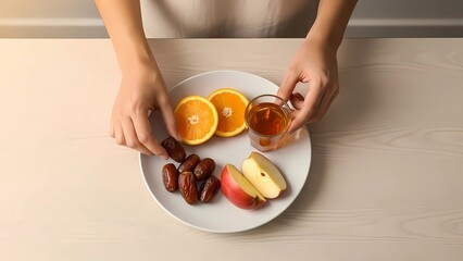Person preparing a healthy fruit snack with dates, oranges, and apple slices