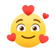 Yellow emoji face with floating red hearts illustration, symbol of valentine's day, isolated on transparent background 