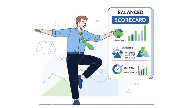 Man balancing business strategy with balanced scorecard performance metrics