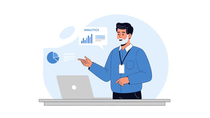 Business Analyst Presenting Data Analytics and Growth Charts on Laptop