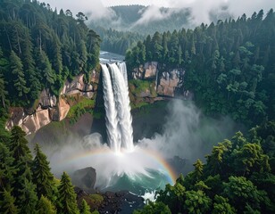 Lush forest surrounds a powerful waterfall where a rainbow arcs through mist.