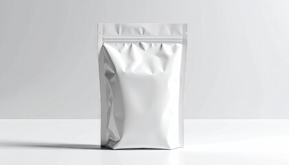 White Food Pouch Packaging Standing Upright on White Table Against White Background