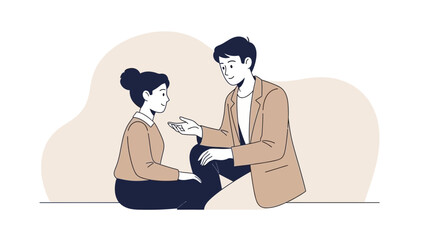 Obraz premium Couple sitting on floor, man talking to woman, minimalist illustration