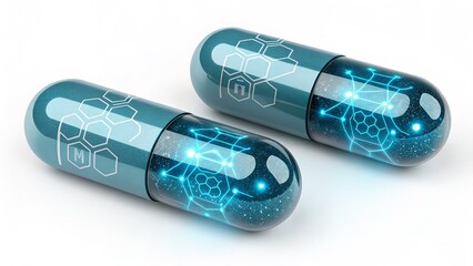 Pharmaceutical capsules traveling on a conveyor system in a factory setting, Medicine production, Precision and automation in drug manufacturing