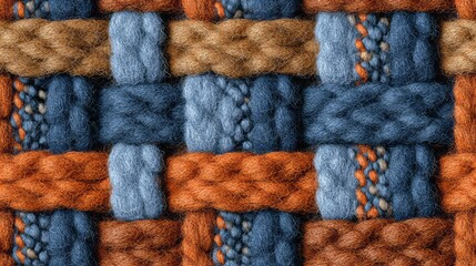 Woven wool yarn in earthy tones creates a textured geometric pattern.