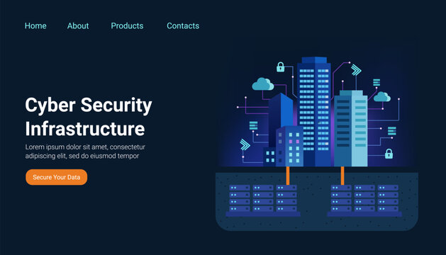 Cyber Security Infrastructure landing page template. Flat vector illustration of a digital city with skyscrapers connected to cloud servers and underground data center. Smart urban technology