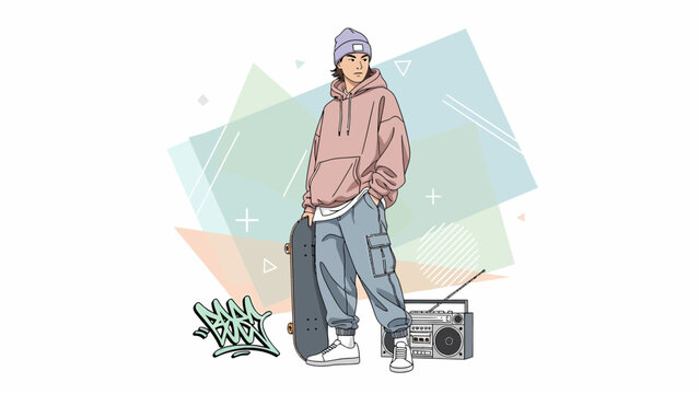 Animestyle skater girl with skateboard and boombox urban fashion illustration.