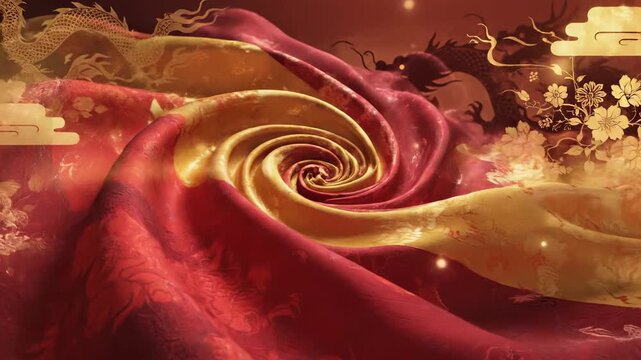 Vibrant red and gold silk fabric with swirling pattern and traditional Asian dragon silhouette in background