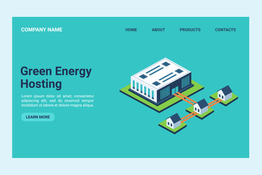 Green Energy Hosting Landing Page Template. Isometric vector illustration of an eco-friendly data center building connected to residential houses. Sustainable internet infrastructure concept with rene