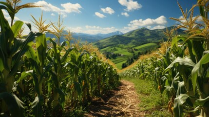 Scenic cornfield path with mountain backdrop