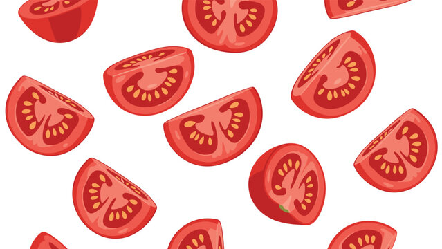 A vibrant and repetitive pattern features numerous fresh red tomato slices scattered across a clean white background.
