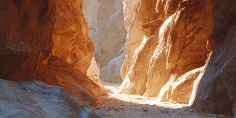 Canyon path with golden rim light and deep shadows