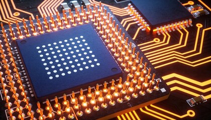 AI processor microchip animation video on illuminated circuit board, next generation semiconductor technology, high performance computing, digital innovation and modern electronics background
