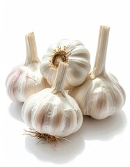 Several bulbs of garlic stand together, showing details of skin, texture, stem, and root, on a white surface.