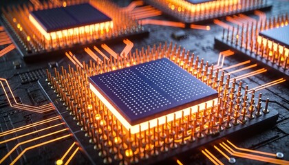 AI processor microchip animation video on illuminated circuit board, next generation semiconductor technology, high performance computing, digital innovation and modern electronics background